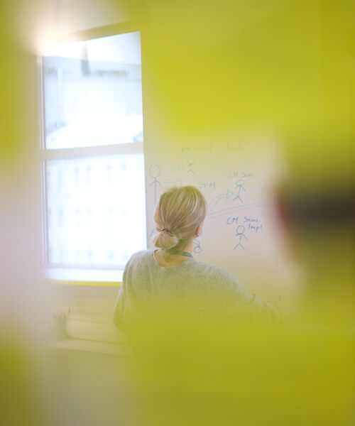 Person steht vor einem Whiteboard und erklärt ein Diagramm mit gezeichneten Figuren und Pfeilen.
